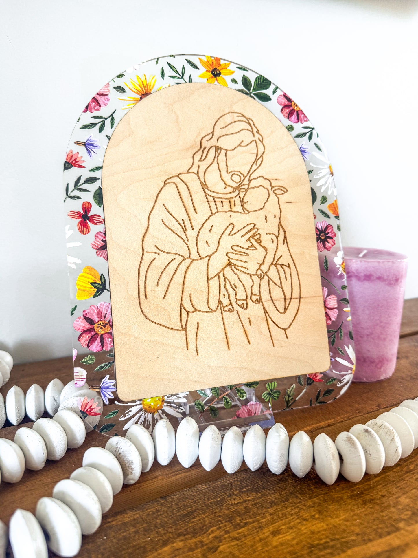 The Good Shepherd | Floral Acrylic & Wood Christ Sign