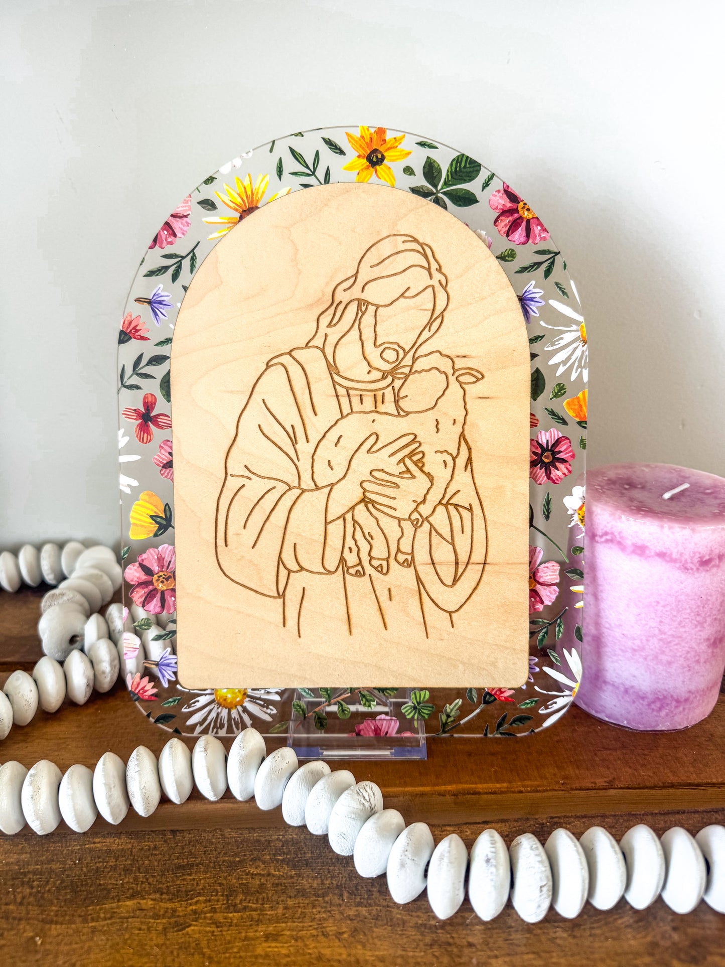 The Good Shepherd | Floral Acrylic & Wood Christ Sign