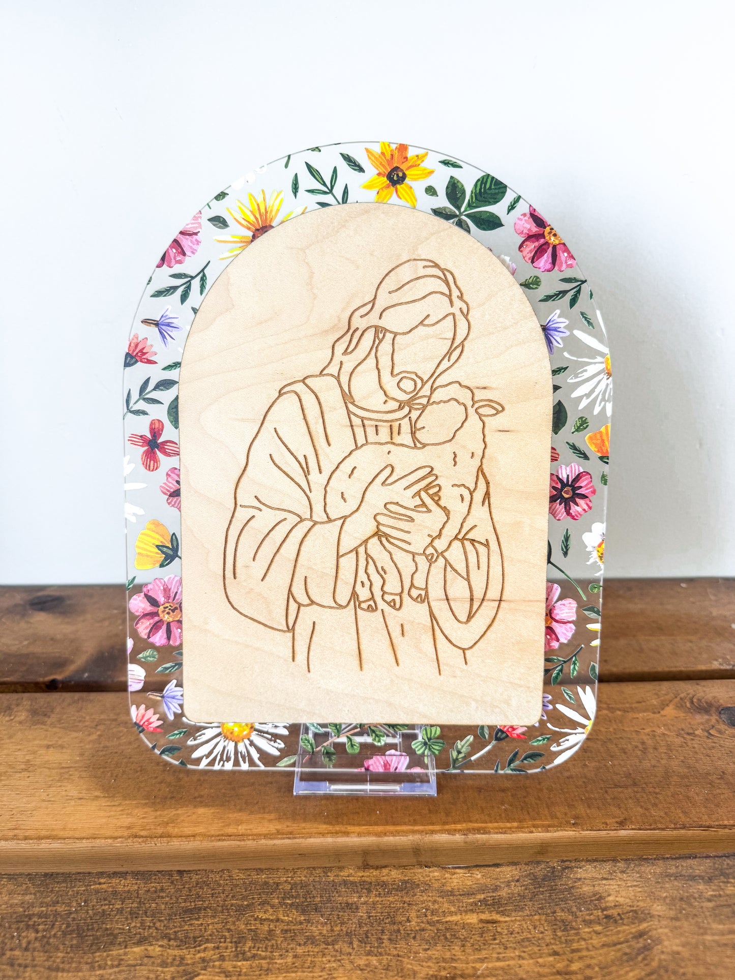 The Good Shepherd | Floral Acrylic & Wood Christ Sign