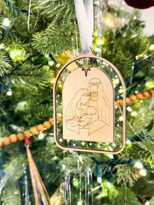 Nativity Ornament | Christian Christmas Tree Decoration | Wooden & Acrylic Holy Family Ornament with Star of Bethlehem