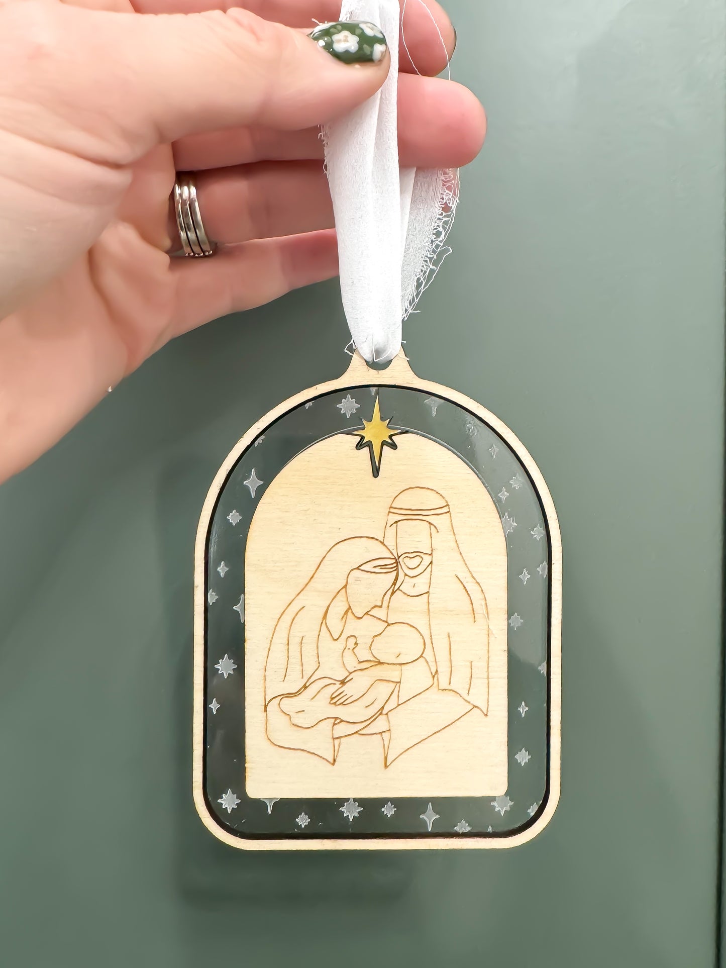 Nativity Ornament | Christian Christmas Tree Decoration | Wooden & Acrylic Holy Family Ornament with Star of Bethlehem