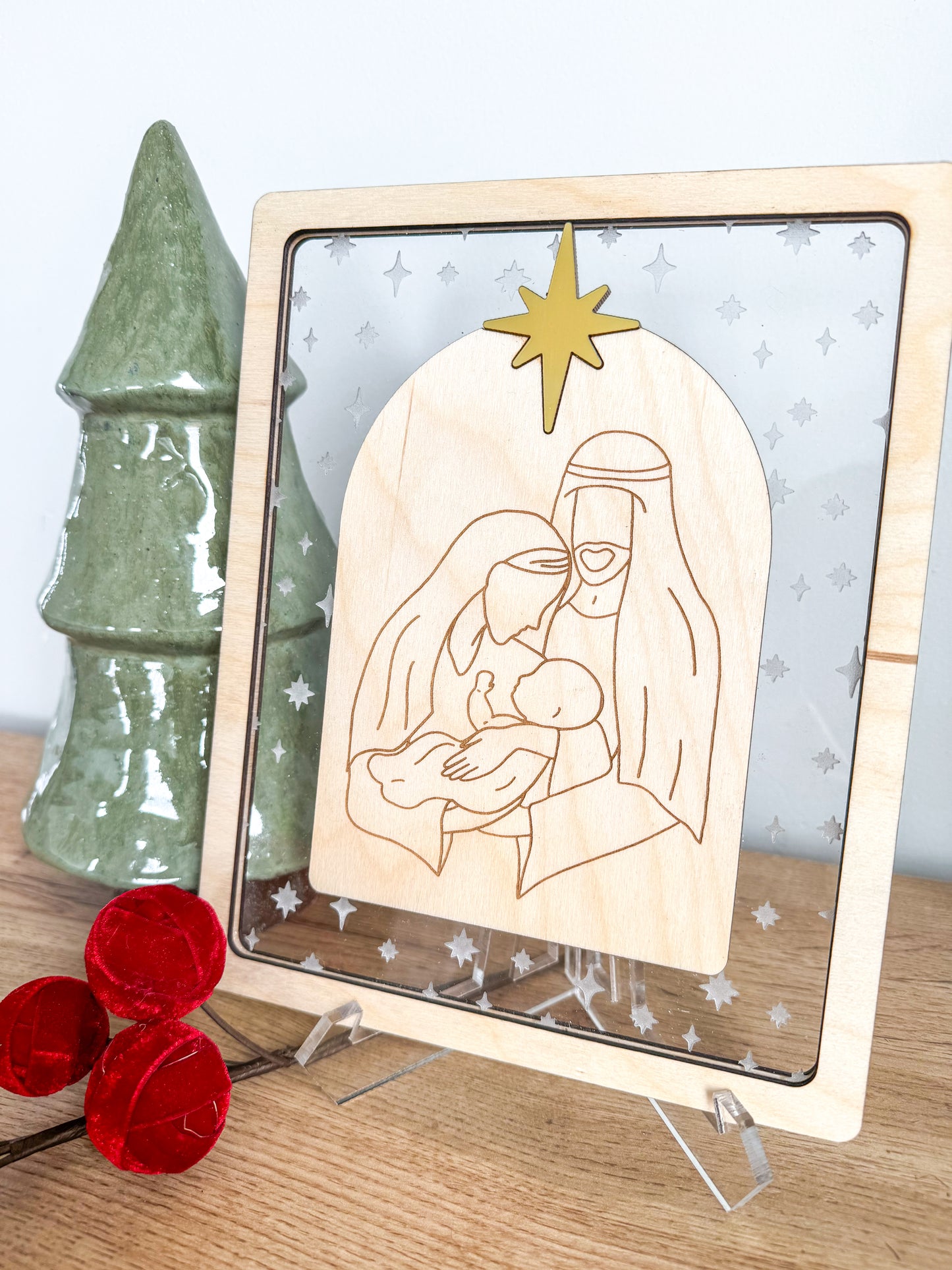 Prince of Peace | Laser Engraved Wood & Acrylic Christmas Décor | Holy Family with Star of Bethlehem | Christian Holiday Decoration